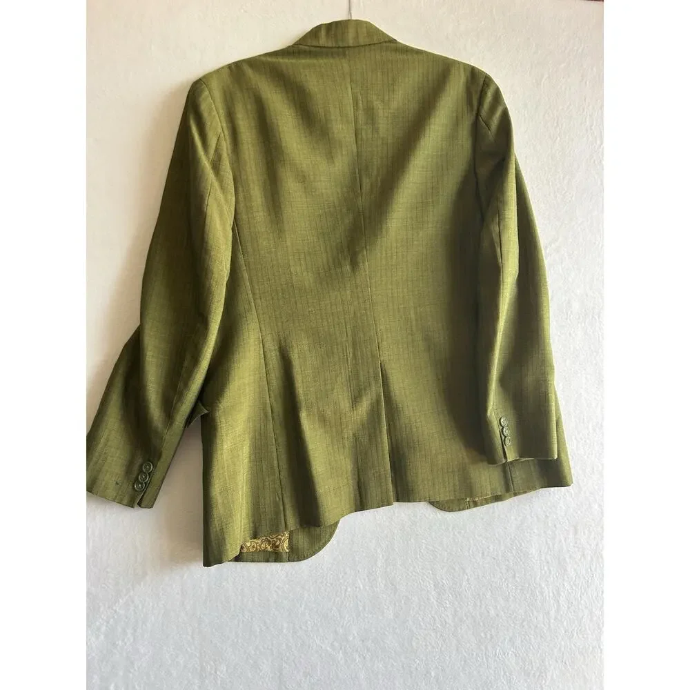A-Tam Men's Green Striped Tuxedo Blazer S Regular Single-Breasted 3-Button